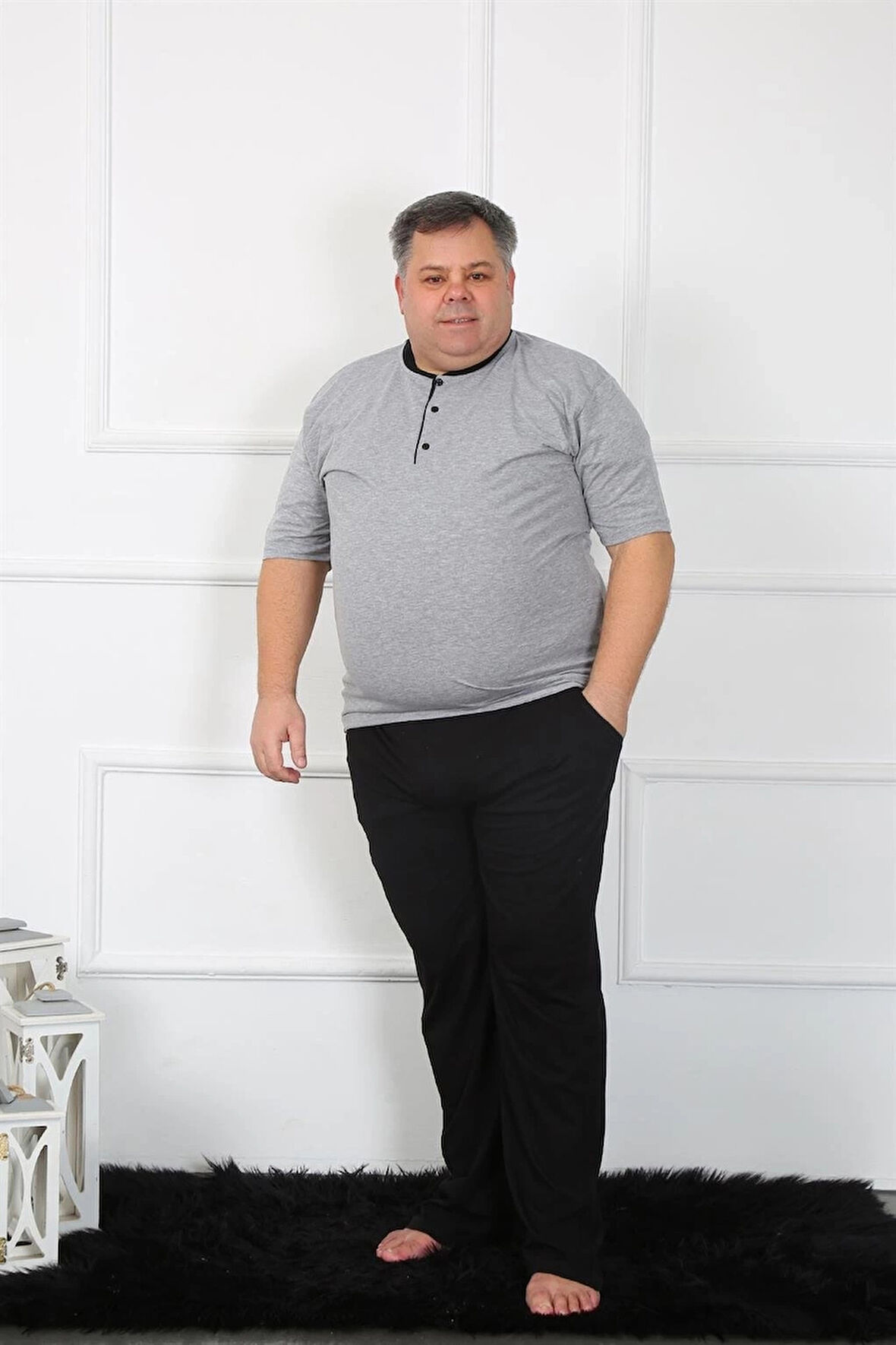 Giyim Büyük Beden Erkek Gri Penye Pijama Takım