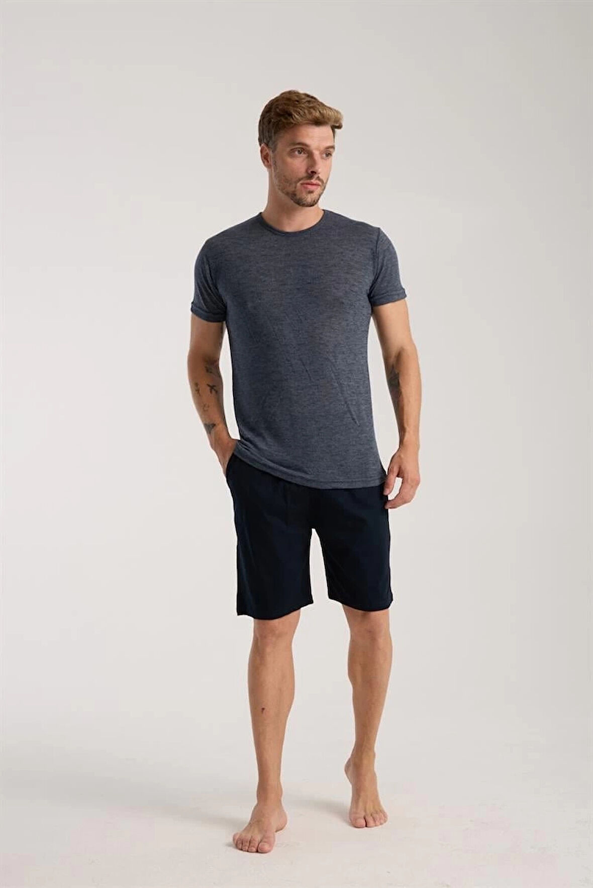 Giyim Erkek Lacivert Sıfır Yaka Kısa Kol Şortlu Pijama Takımı