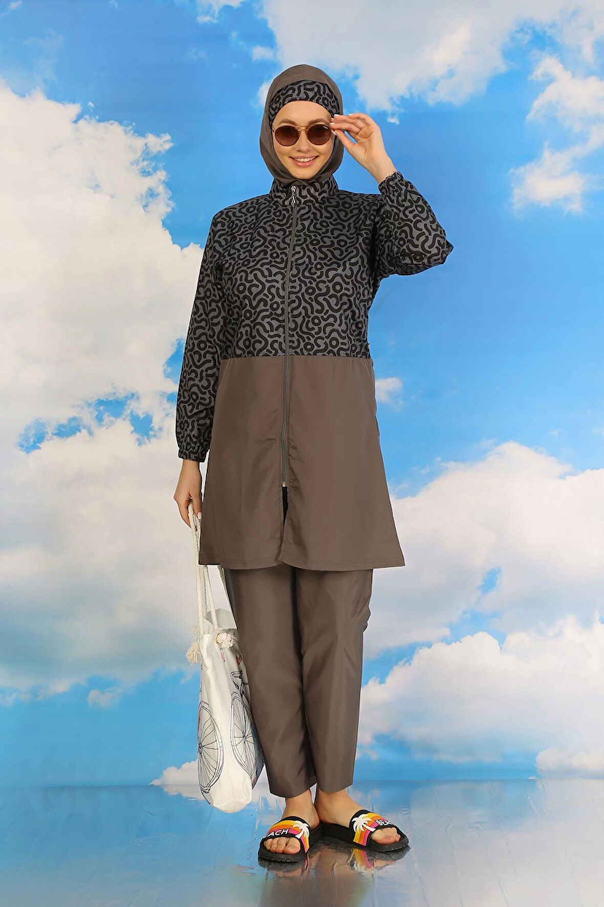 Giyim Kadın Pantolonlu Desenli Tam Tesettür Mayo Füme