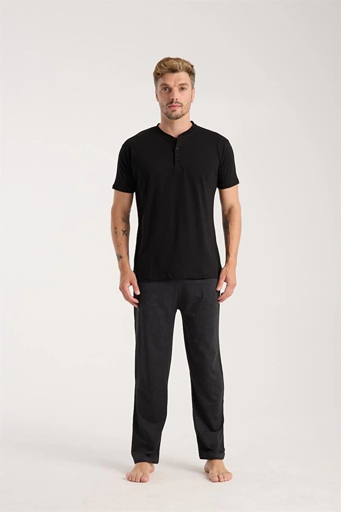 Giyim Erkek Füme Düğmeli Yaka Kısa Kol Pijama Takımı