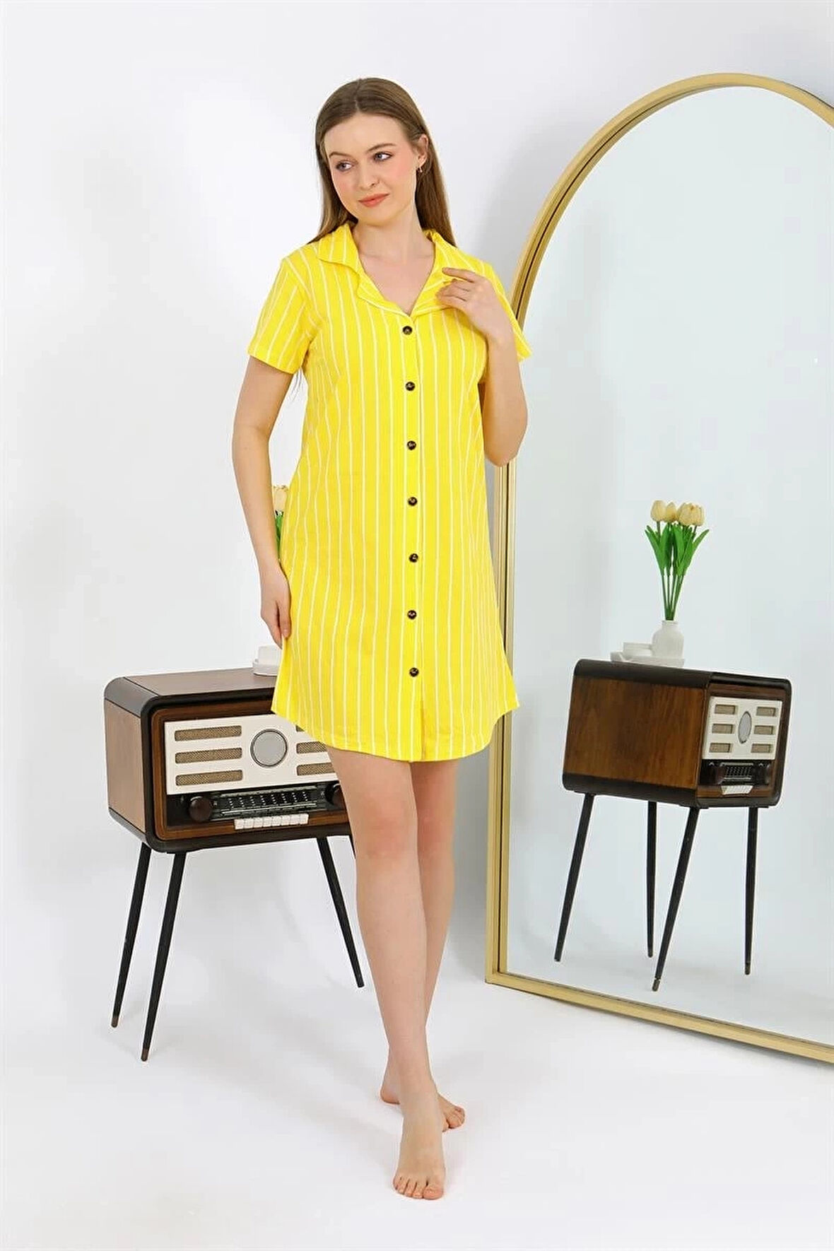 Giyim Kadın Pamuk Penye Kısa Kol Düğmeli Sarı Tunik Gecelik