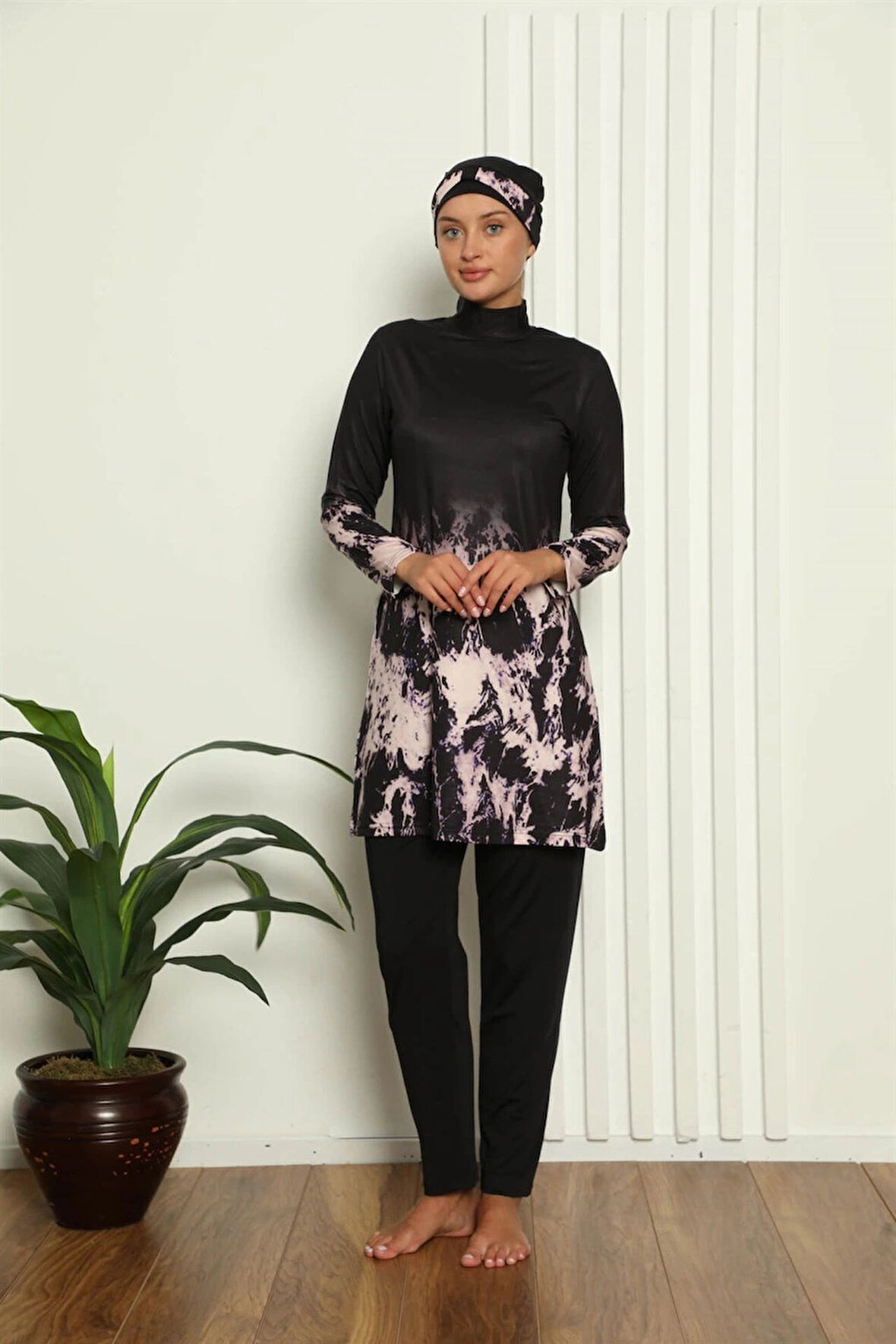 Giyim Tam Tesettür Dijital Desenli Mayo Siyah