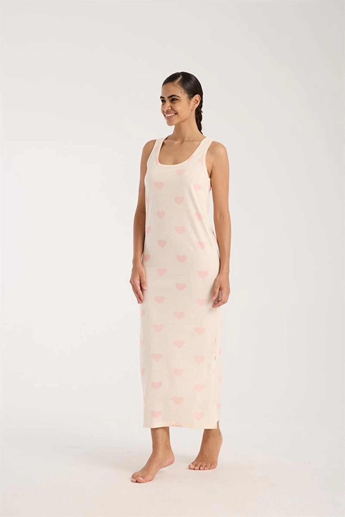 Giyim Kadın Kalın Askılı Yırtmaçlı Uzun Pudra Gecelik