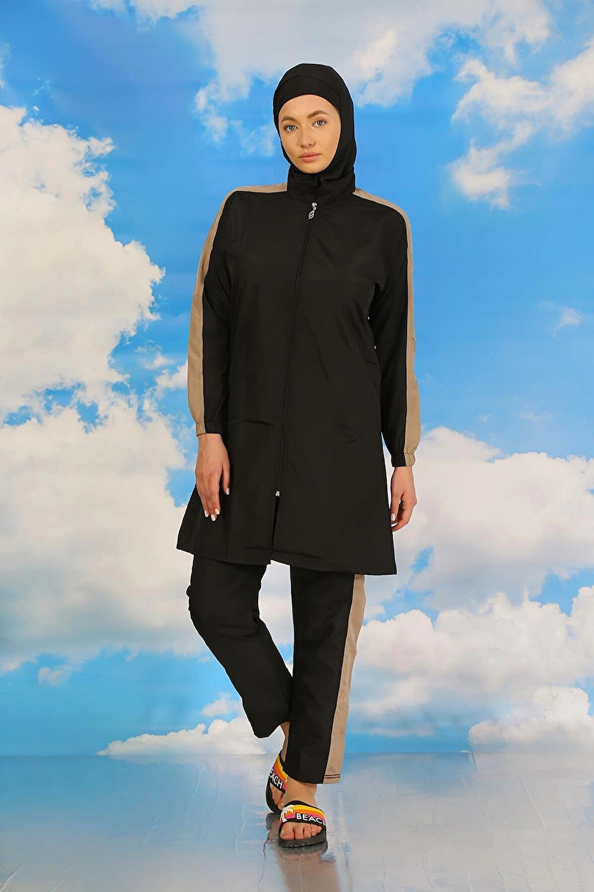 Giyim Kadın Pantolonlu Kolu Şeritli Tam Tesettür Mayo Siyah