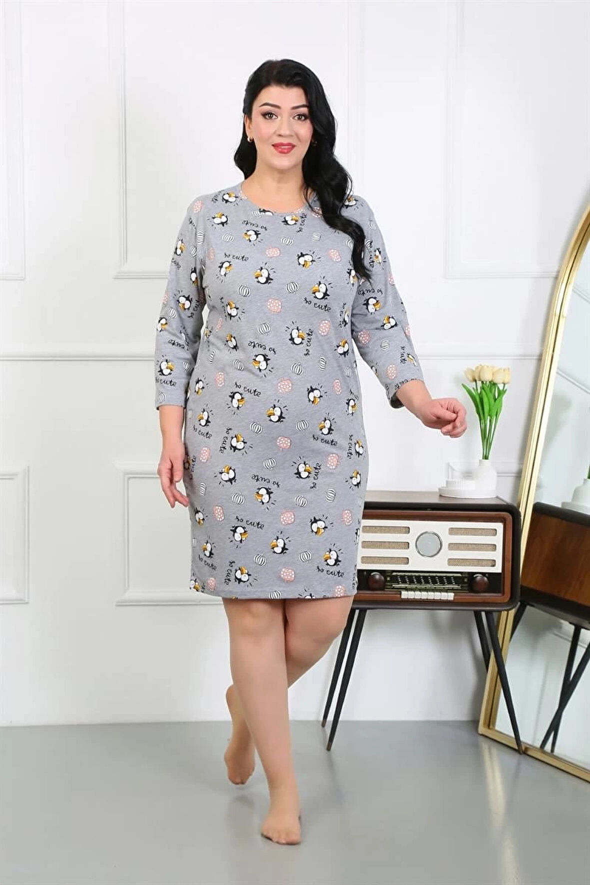 Giyim Kadın Büyük Beden Penye Gecelik Ev Elbisesi Gri