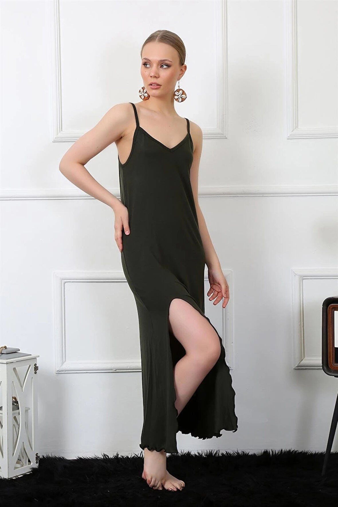 Giyim Kadın İp Askılı Haki Uzun Gecelik