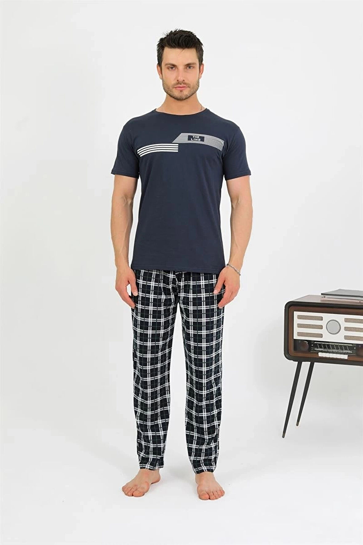 Giyim Erkek Pamuk Kısa Kol Pijama Takım Lacivert