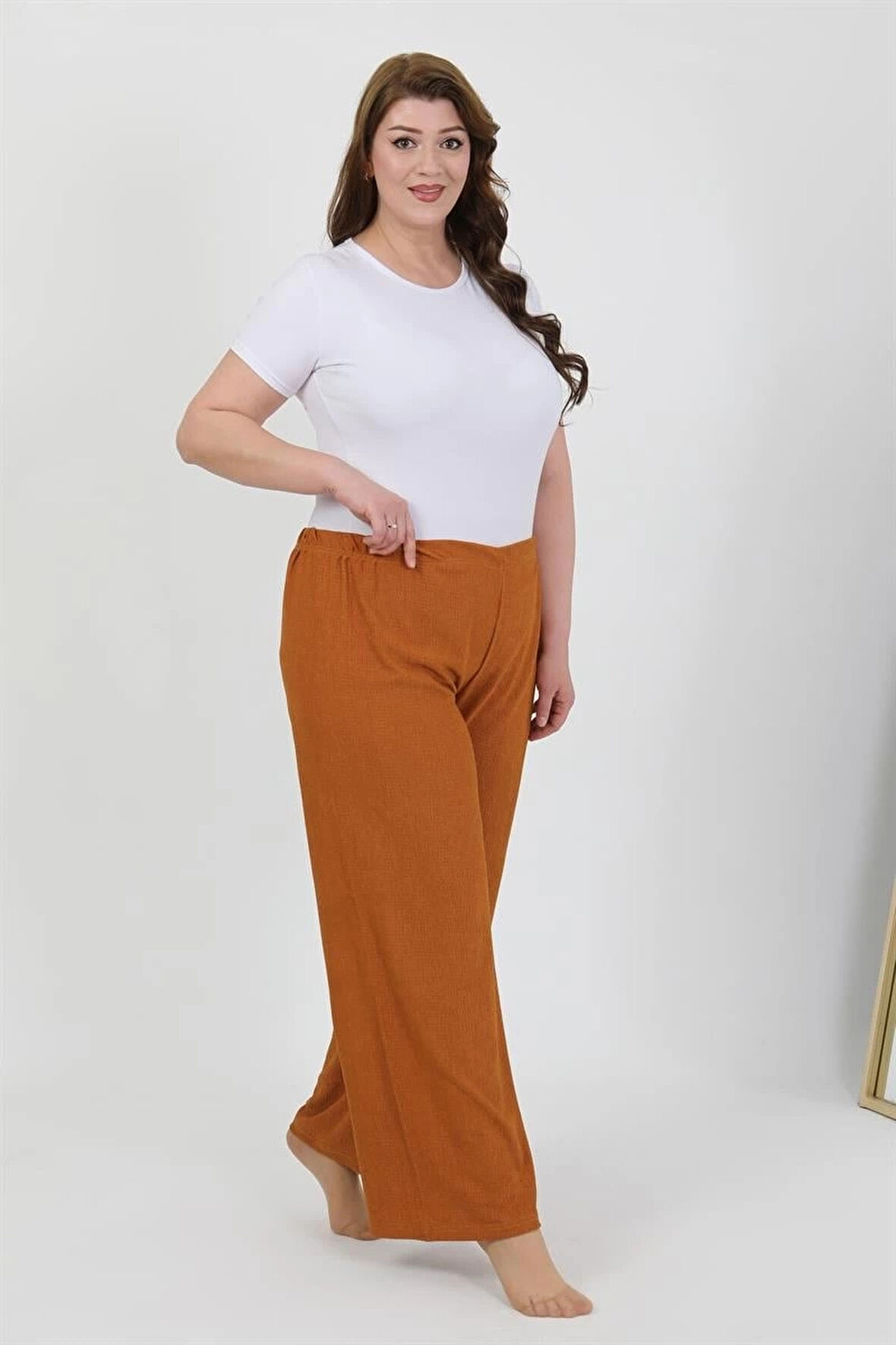 Giyim Kadın Büyük Beden Bürümcük Pantolon Kremit