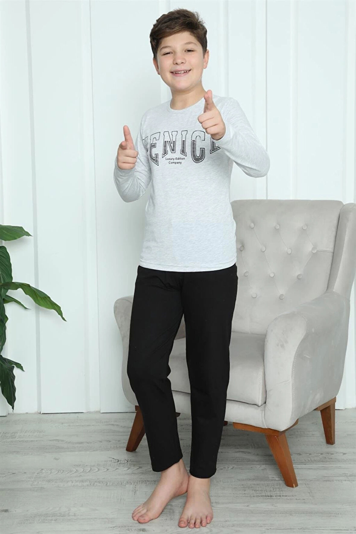 Giyim Erkek Çocuk Penye Pijama Takım Gri