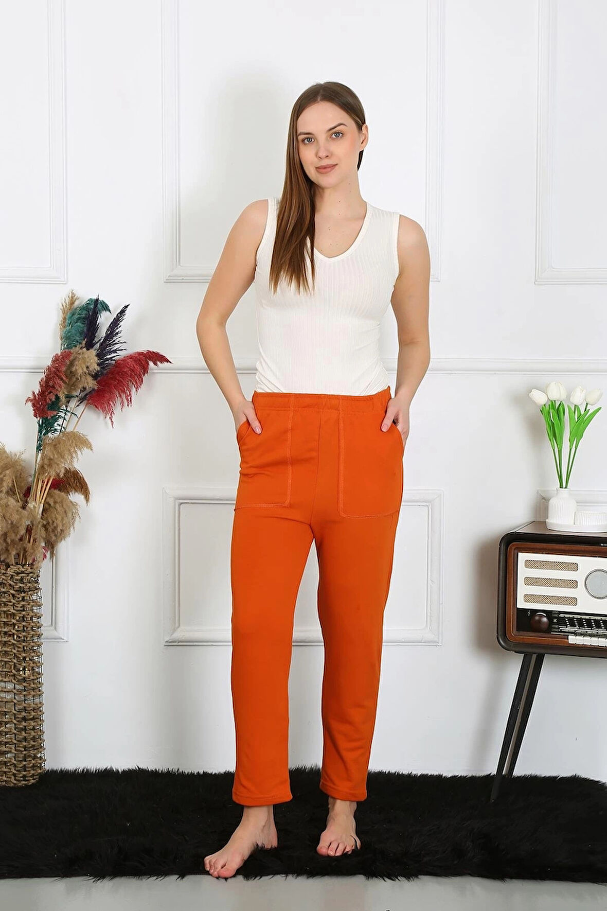 Giyim Kadın Pamuk Cepli 3 İplik Alt Eşofman Kiremit