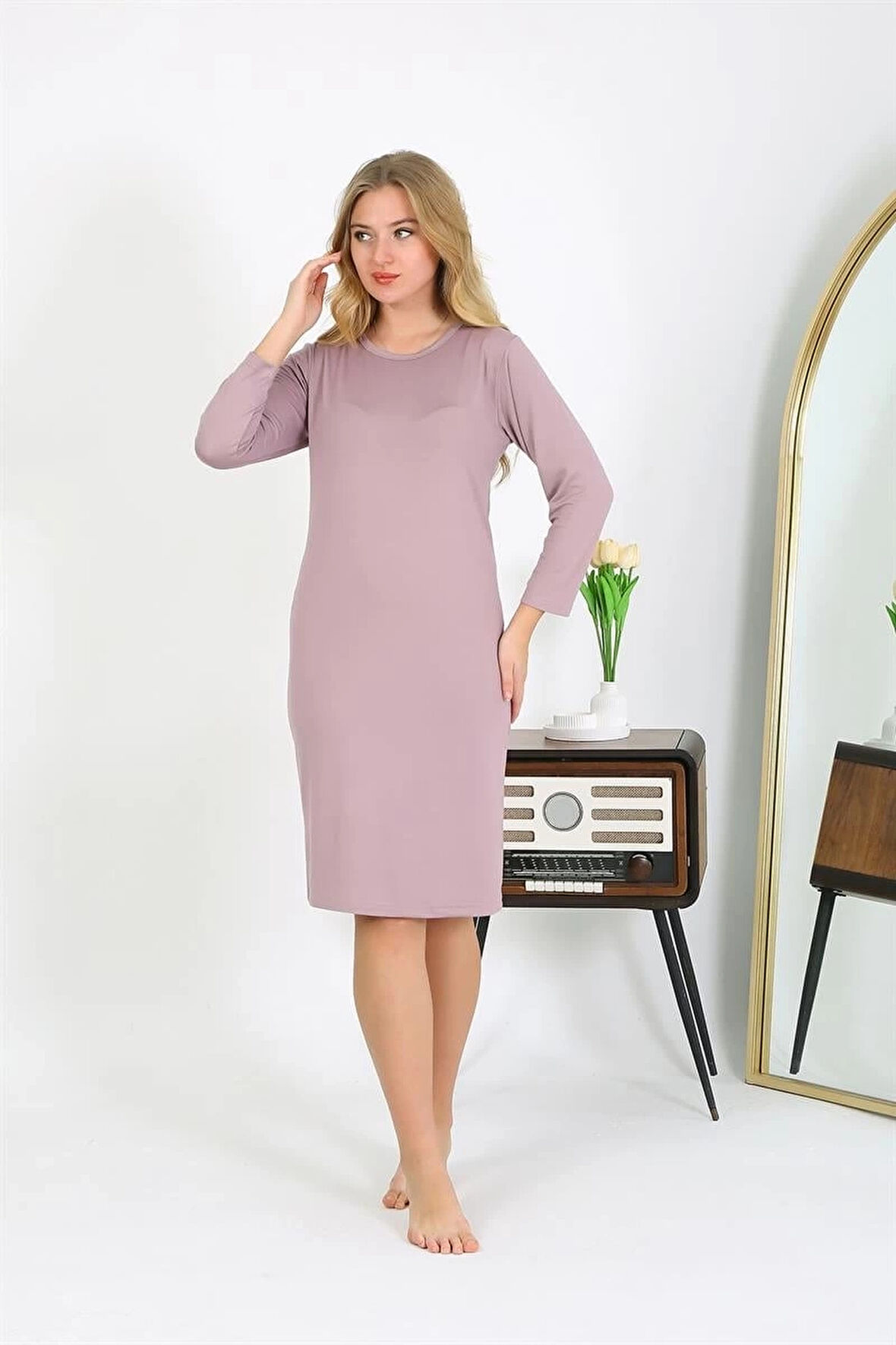 Giyim Pamuk Ev Elbisesi Tunik Gecelik Pudra