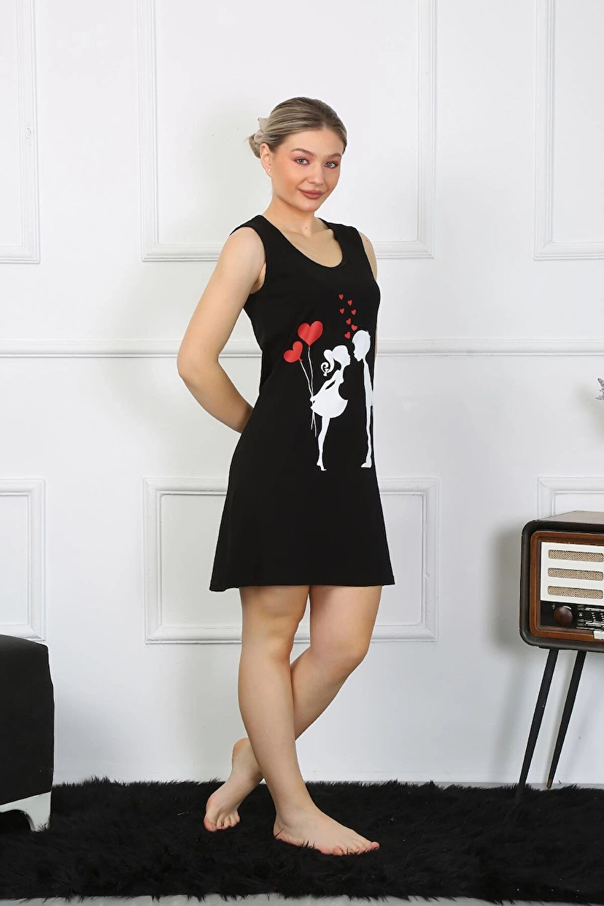 Giyim Kadın Kalın Askılı Penye Diz Üstü Siyah Gecelik