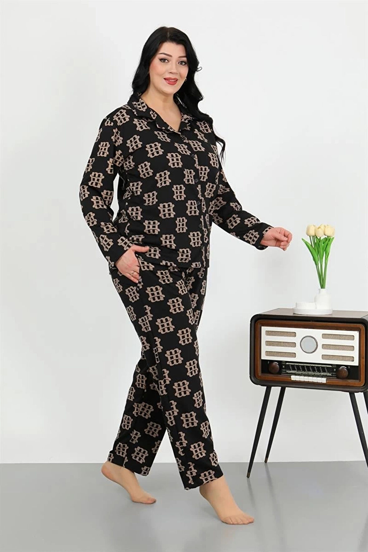 Giyim Kadın Büyük Beden Pamuklu Cepli Düğmeli Siyah Pijama Takım