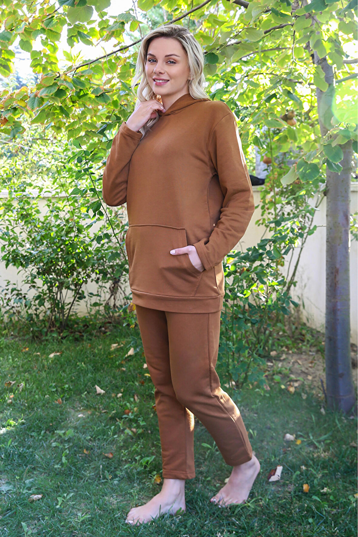 Giyim Kadın Pamuk Kapşonlu Cepli 3 İplik Kahve Eşofman Takım