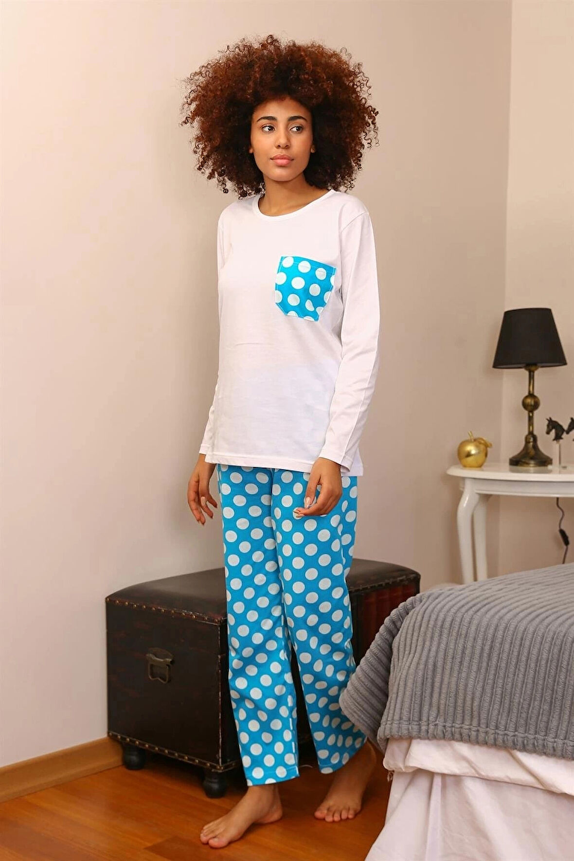 Giyim Kadın Uzun Kol Penye Pijama Takım Beyaz