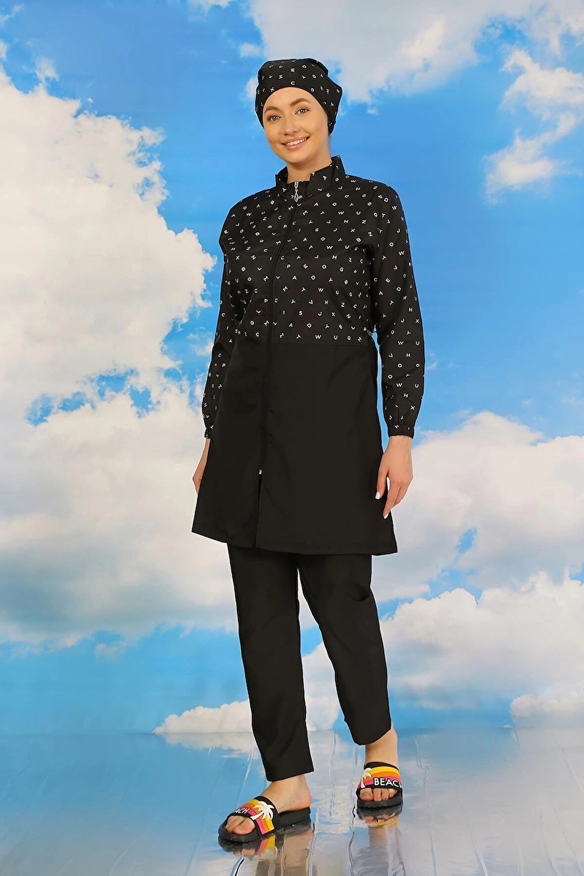 Giyim Kadın Pantolonlu Desenli Tam Tesettür Mayo Siyah