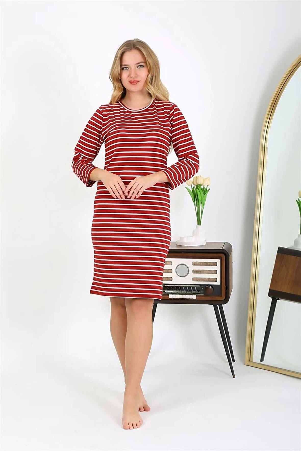 Giyim Pamuk Ev Elbisesi Tunik Gecelik Kırmızı