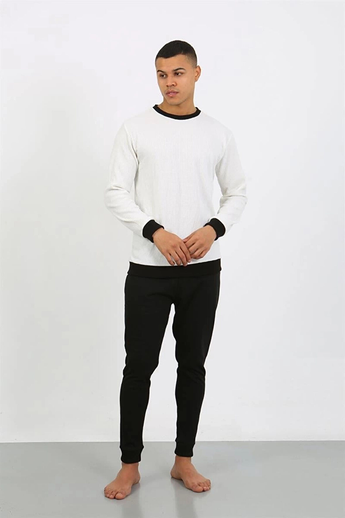 Giyim Erkek Uzun Kol Manşetli Paça Penye Pijama Takımı Beyaz