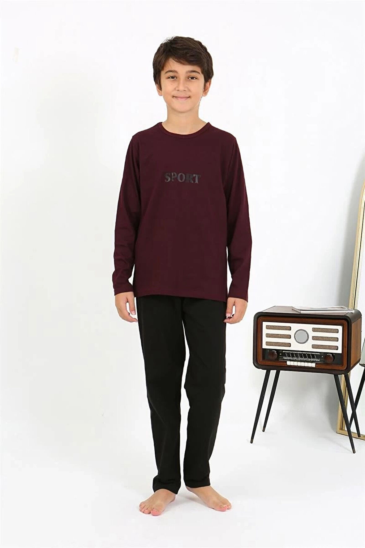 Giyim Erkek Çocuk Uzun Kol Penye Pijama Takım Bordo