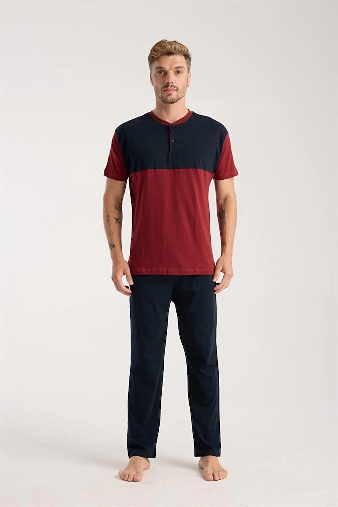 Giyim Erkek Bordo Düğmeli Yaka Kısa Kol Pijama Takımı