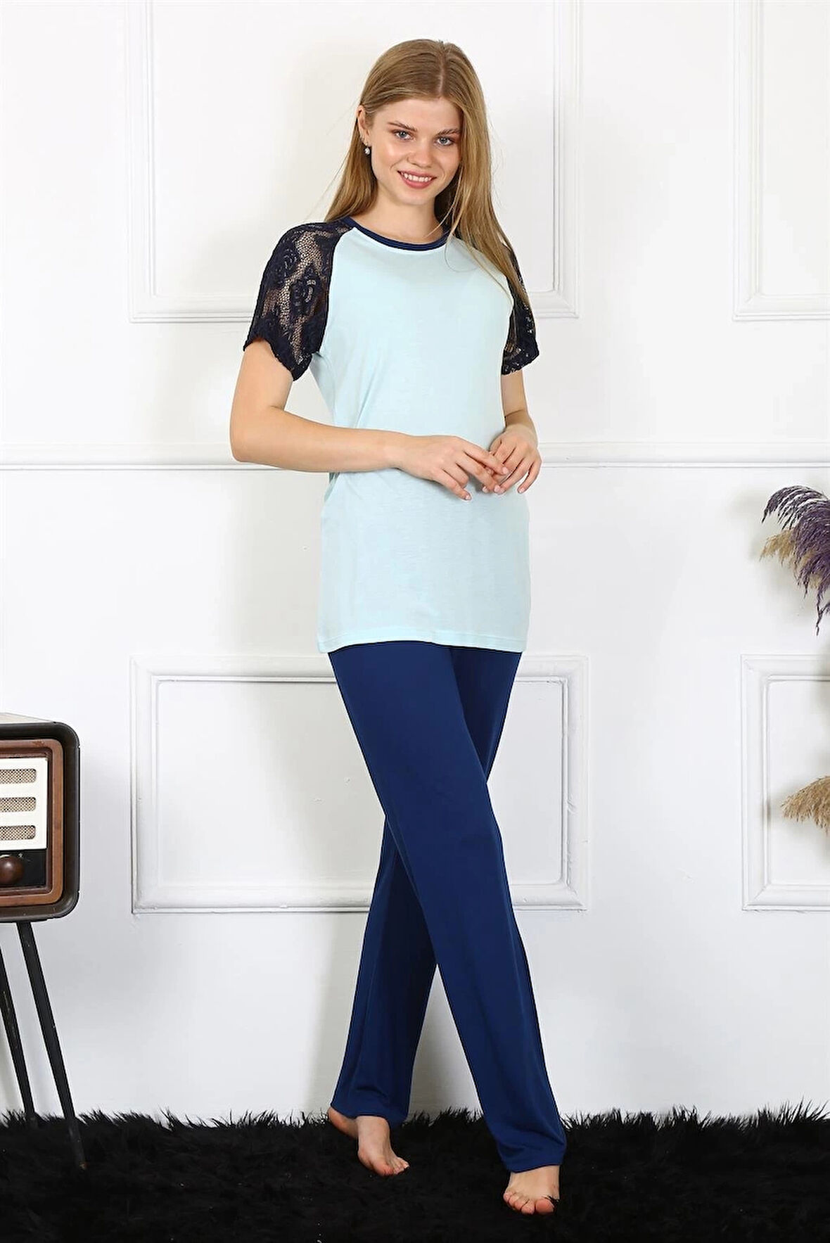 Giyim Kadın Kolu Dantelli Penye Pijama Takım Su Yeşili