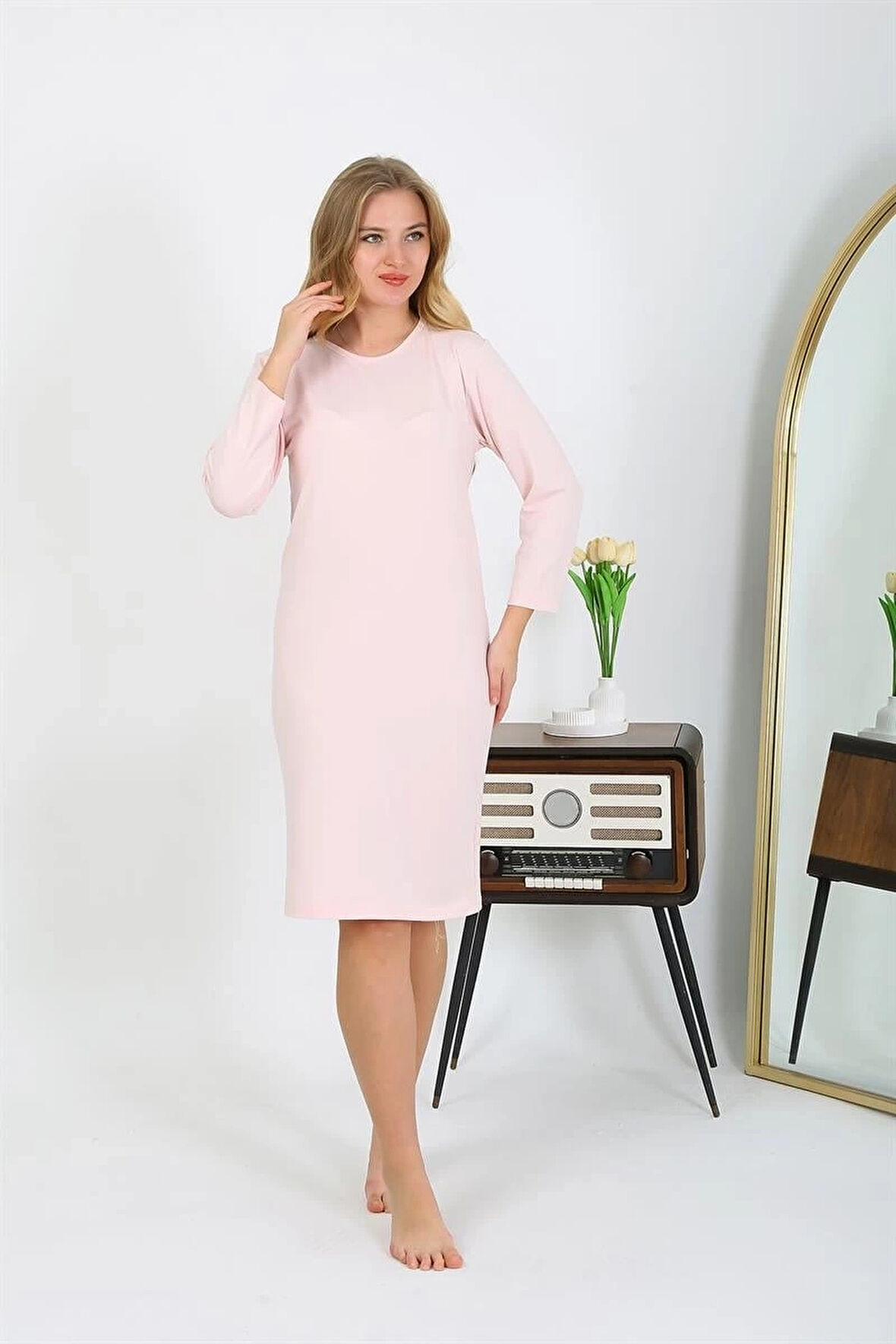 Giyim Pamuk Ev Elbisesi Tunik Gecelik Somon