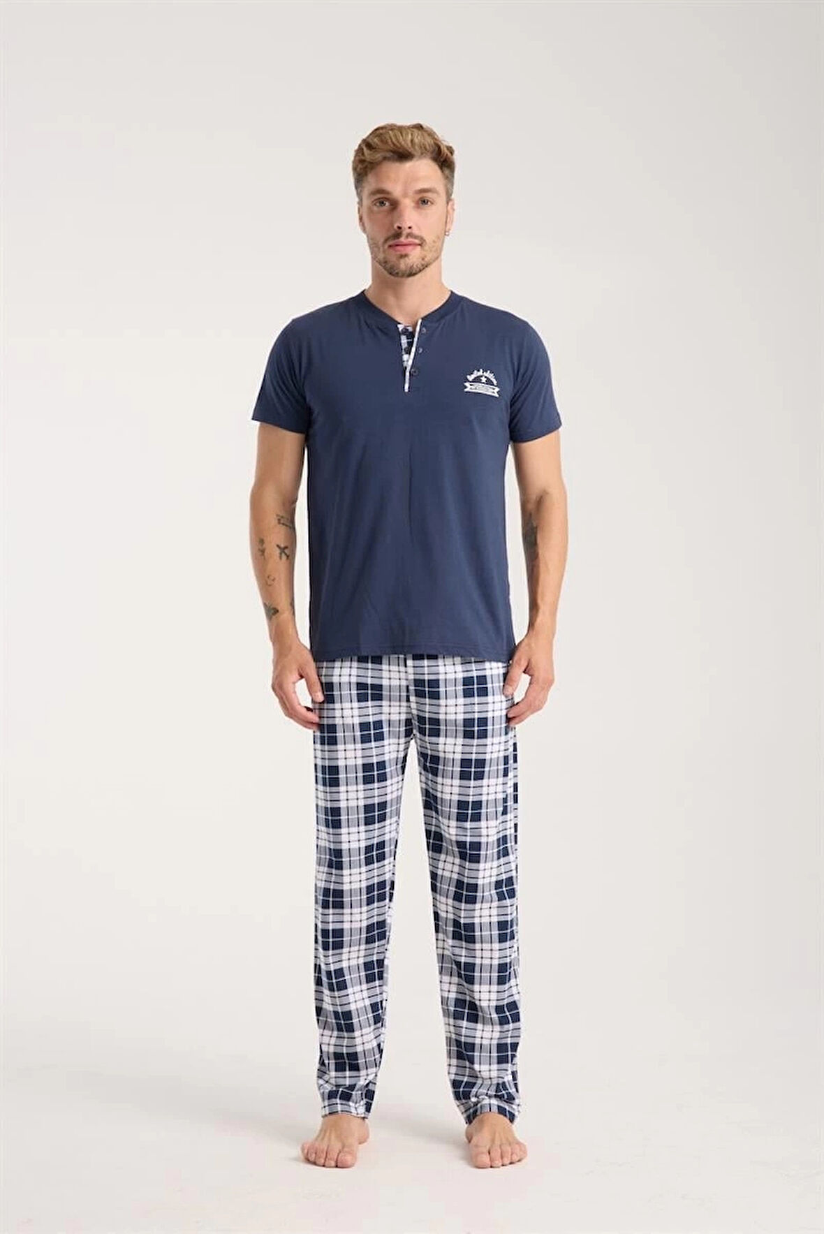 Giyim Erkek Lacivert Düğmeli Yaka Kısa Kol Pijama Takımı