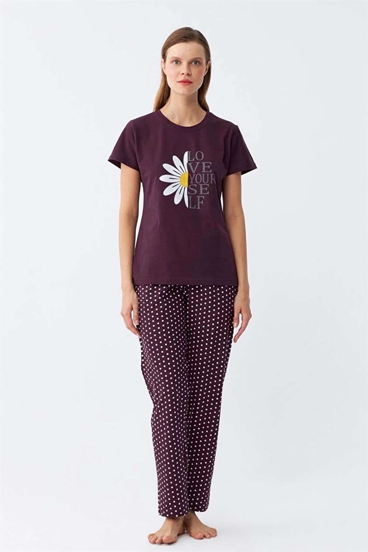 Giyim Kadın Mürdüm Papatya Baskılı Kısa Kollu Penye Pijama Takımı