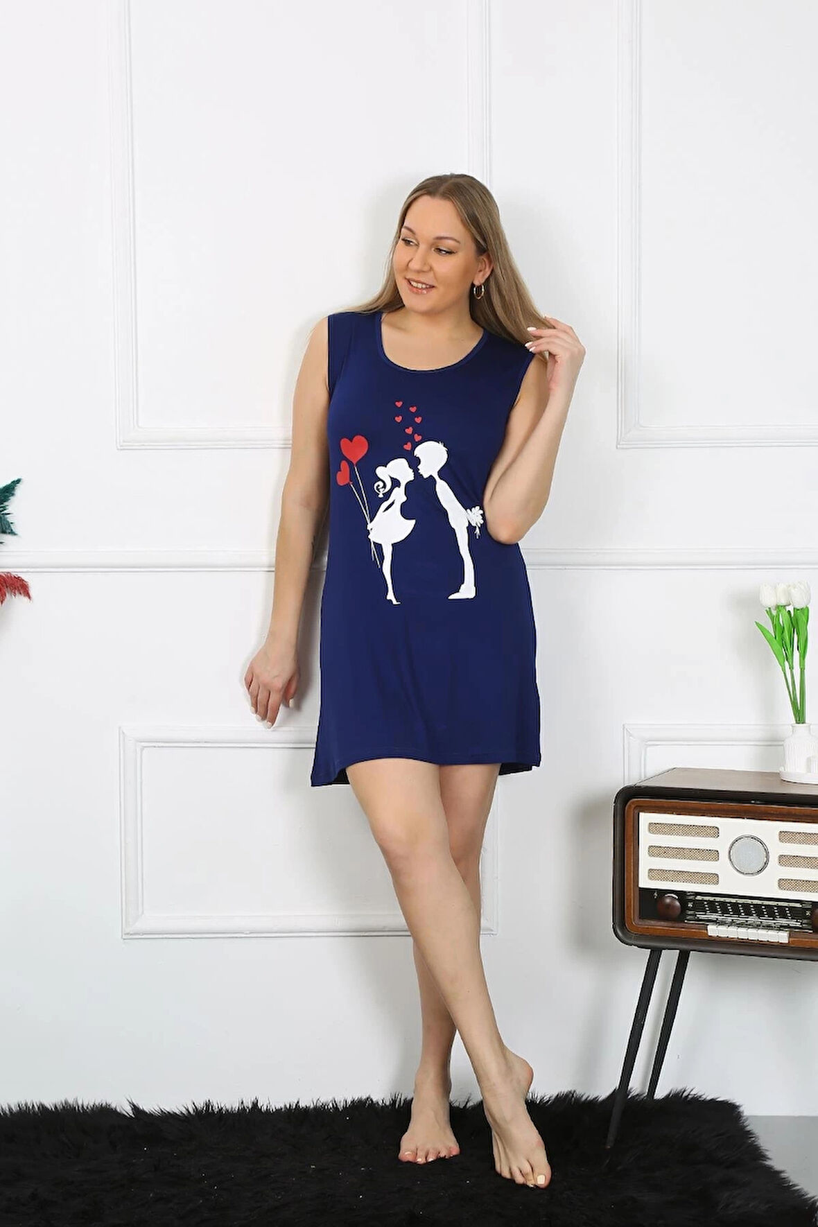 Giyim Kadın Büyük Beden Kalın Askılı Penye Diz Üstü Lacivert Gecelik