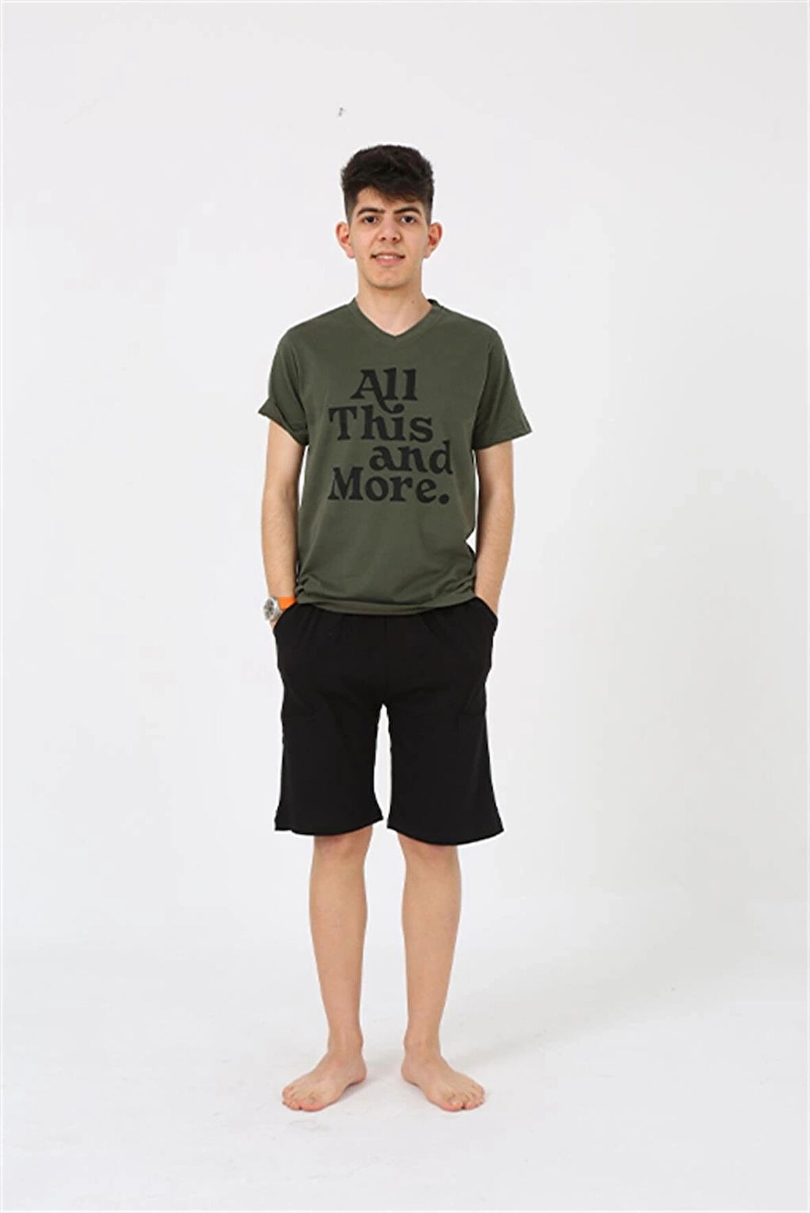 Giyim Erkek Genç Garson Boy Kısa Kol Haki Penye Şortlu Pijama Takımı