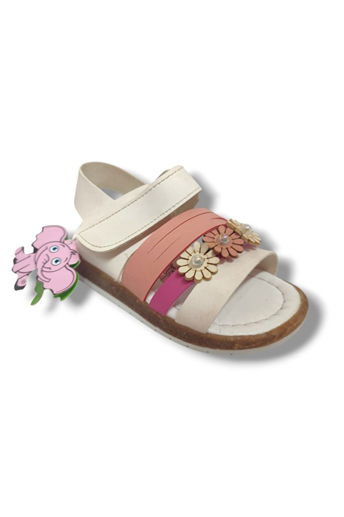 Şirinbebe 1648-20 Çift Bant Çiçekli Kız Çocuk Sandalet Beyaz Pembe 21-25
