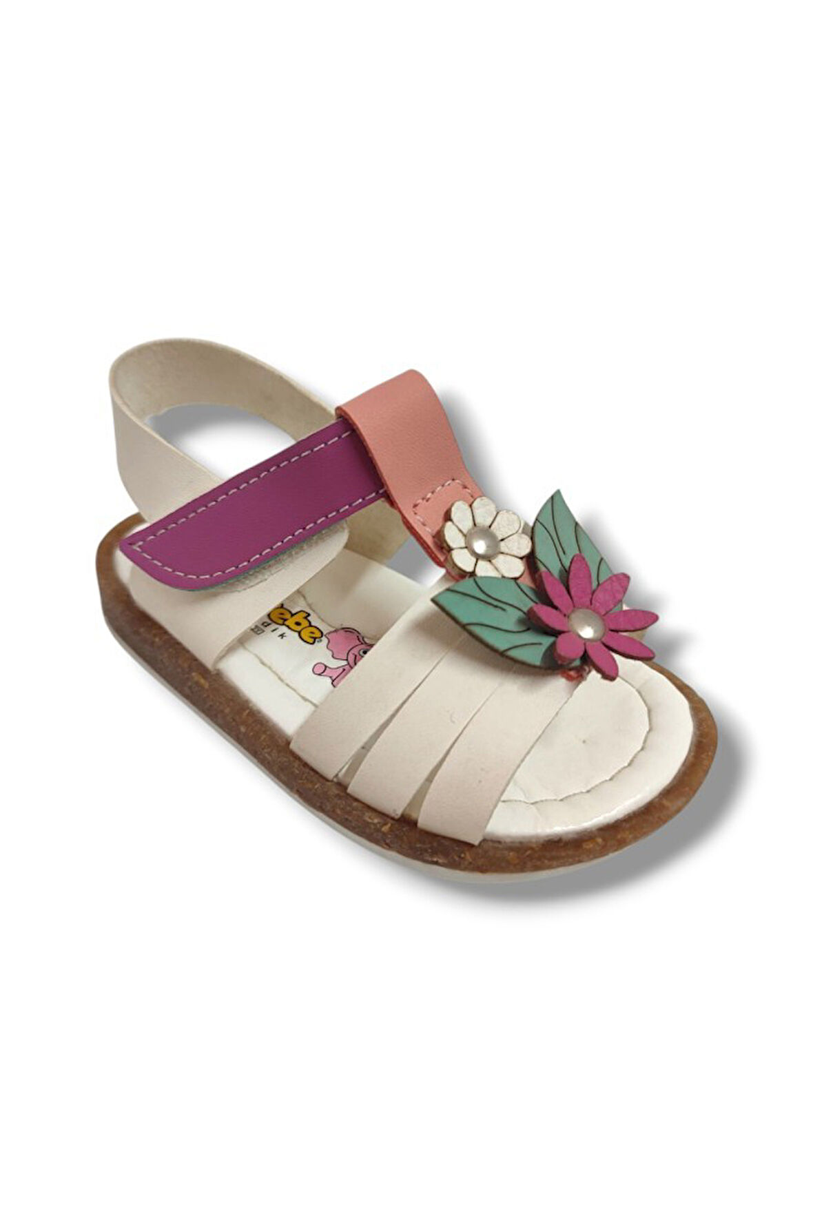 Şirinbebe 1653-20 Yan Çiçekli Cırtlı Kız Çocuk Sandalet Beyaz Pembe 21-25