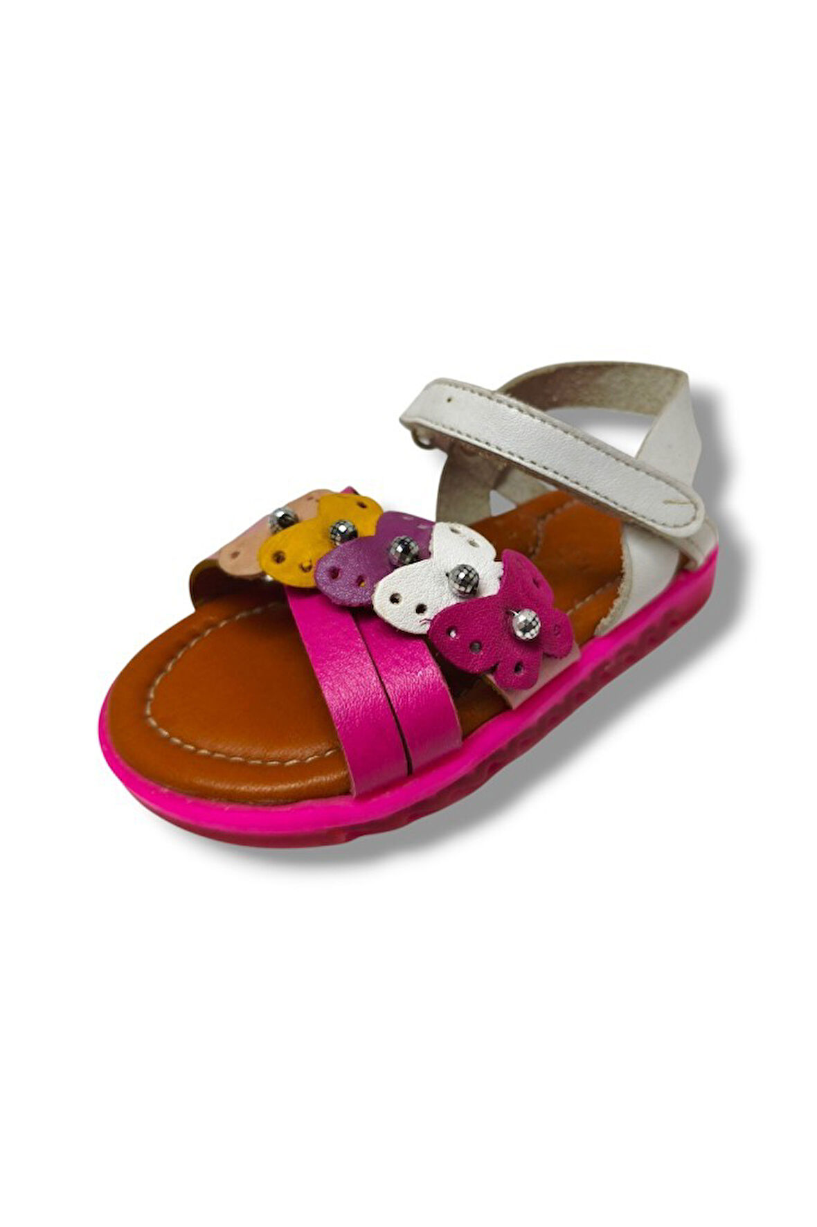 Bagcı 3039-20 Renkli Kalp Cırtlı Kız Çocuk Sandalet Pembe Beyaz 21-25