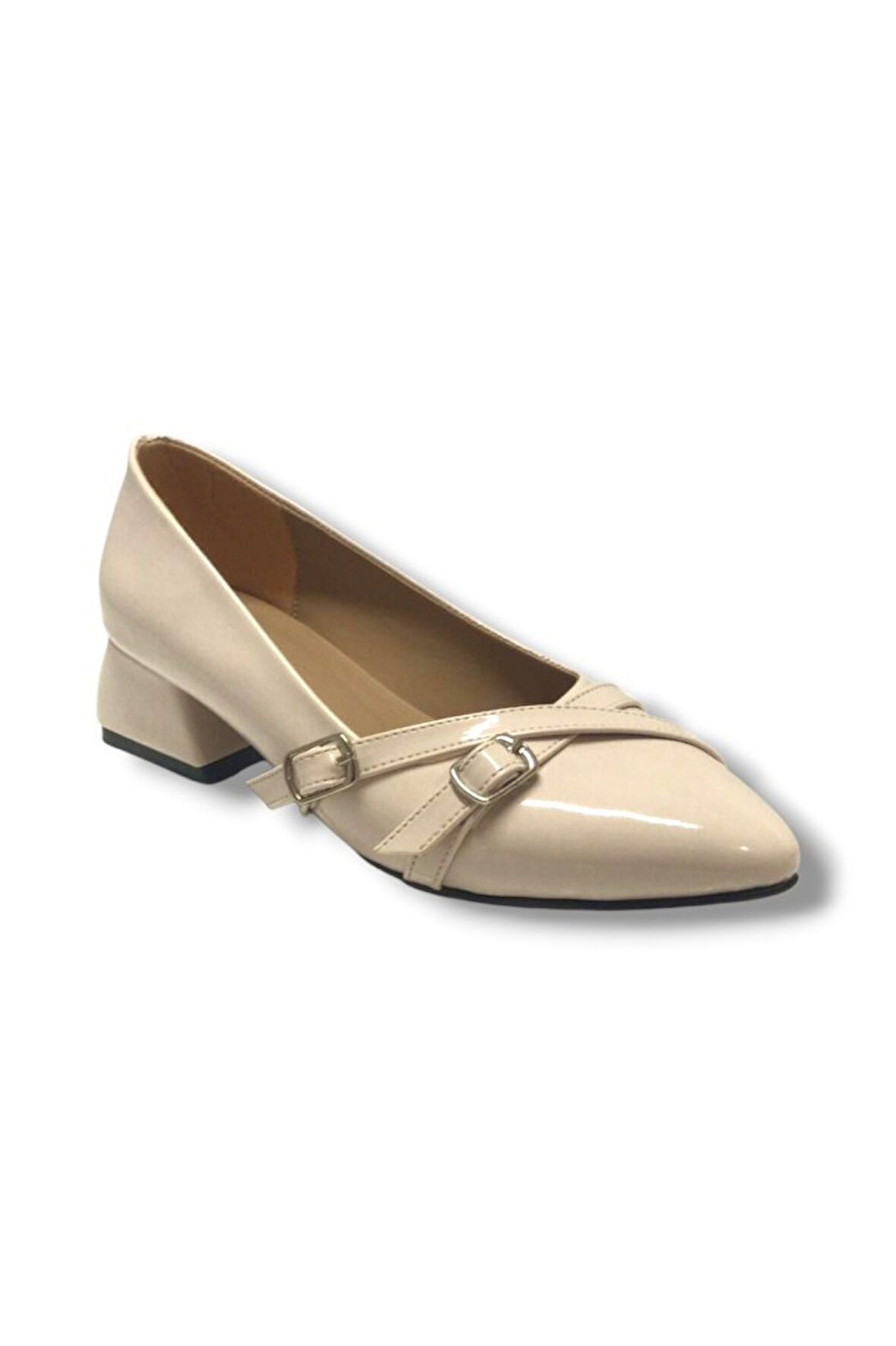 Mengi 676-26 Rugan Deri Çift Tokalı Kare Topuk Kadın Ayakkabı