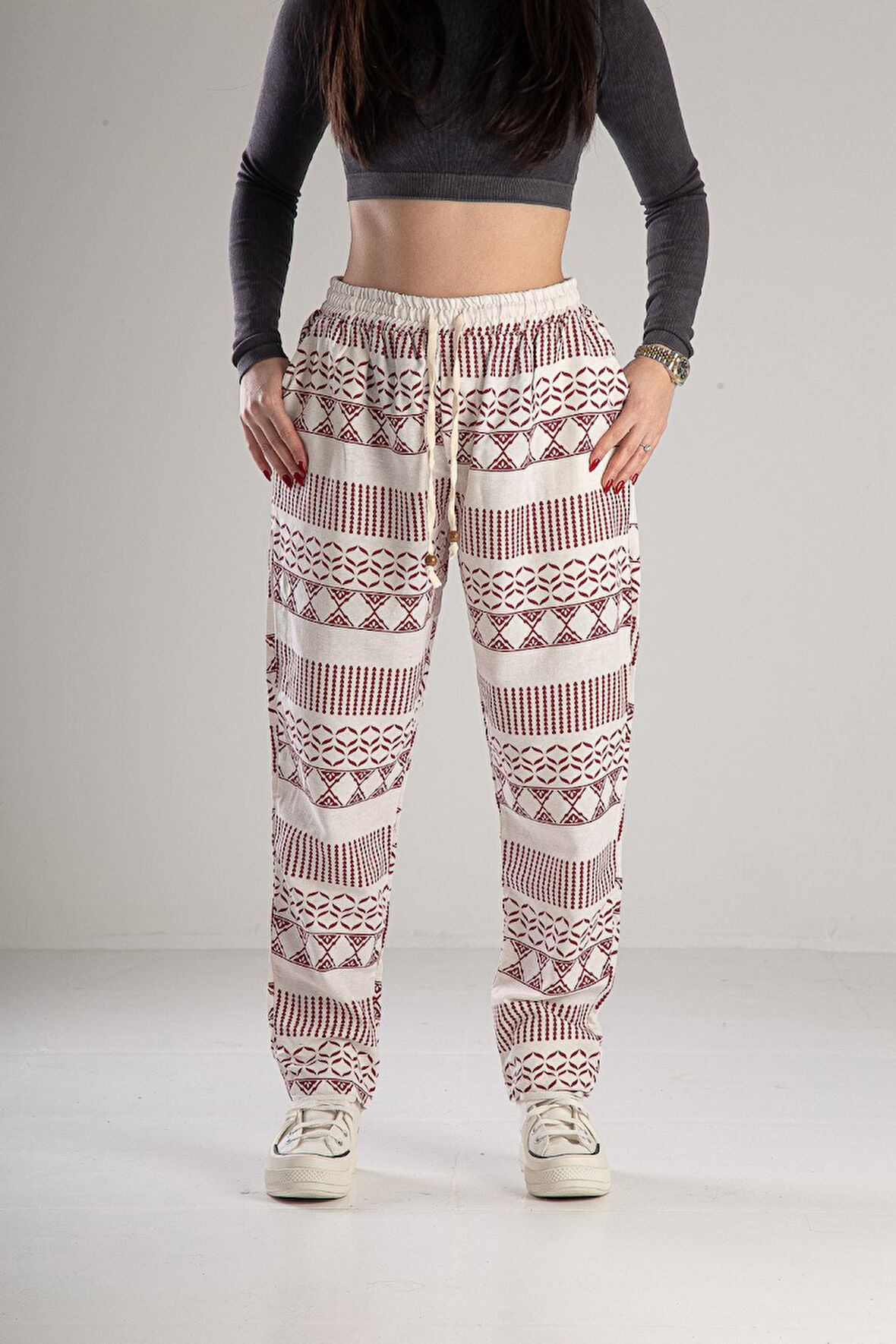 Bordo Desenli Keten Pantolon