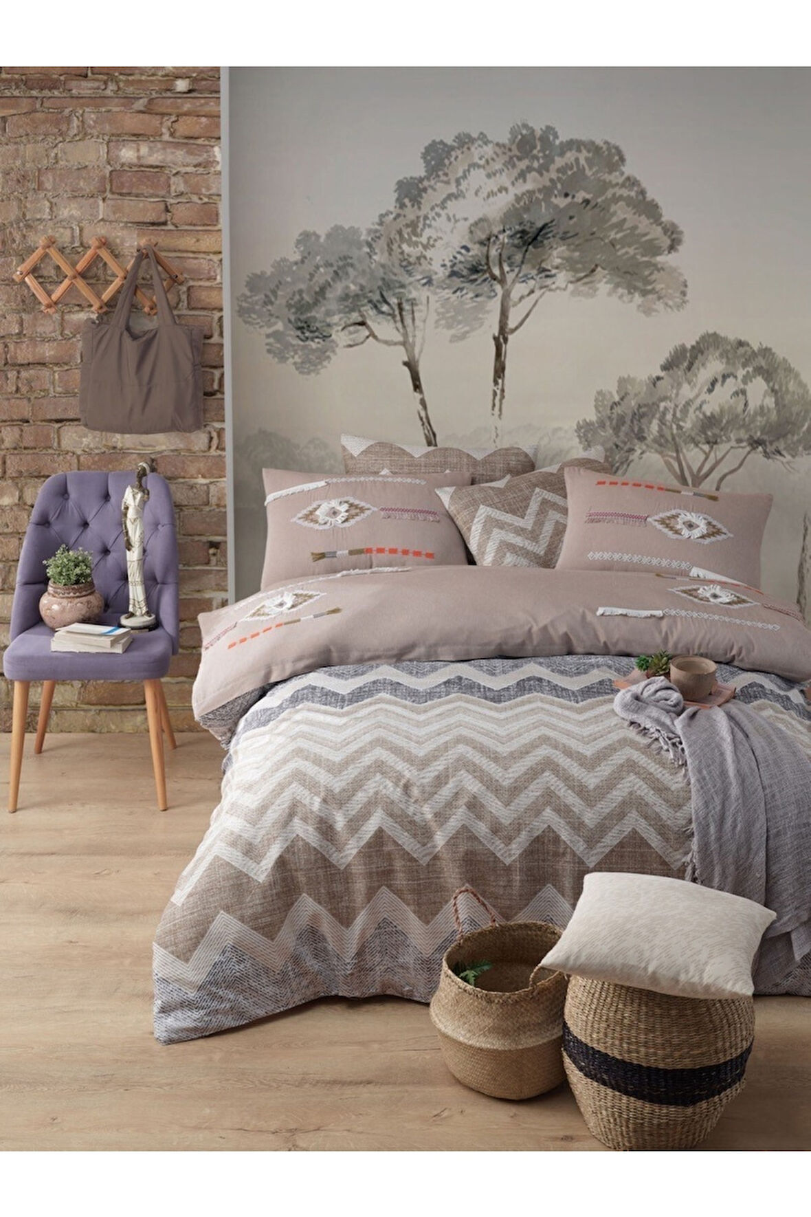 Çift Kişilik Nevresim Takımı - Kolay Ütülenir - Nakışlı - Bej - Çeyizlik - Kutulu