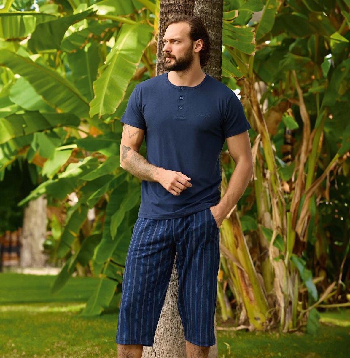 Erkek Pijama Takımı Kısa Kol Kapri & Bermuda