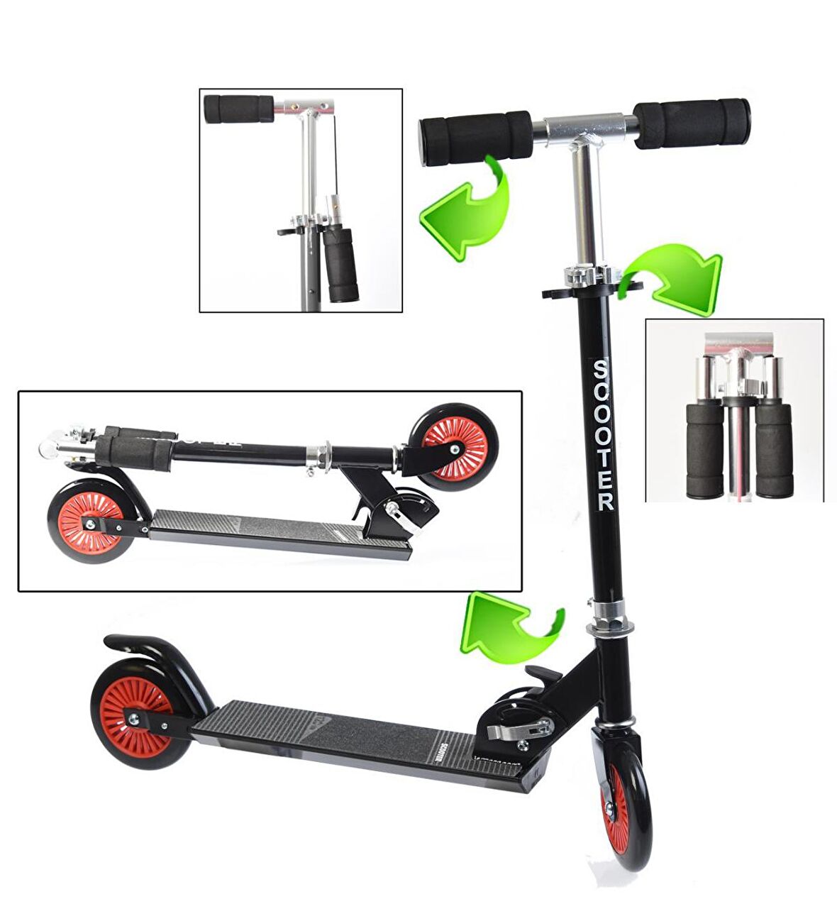 LED'li 120 mm Silikon Teker, Boy Ayarlamalı Katlanır Metal Scooter