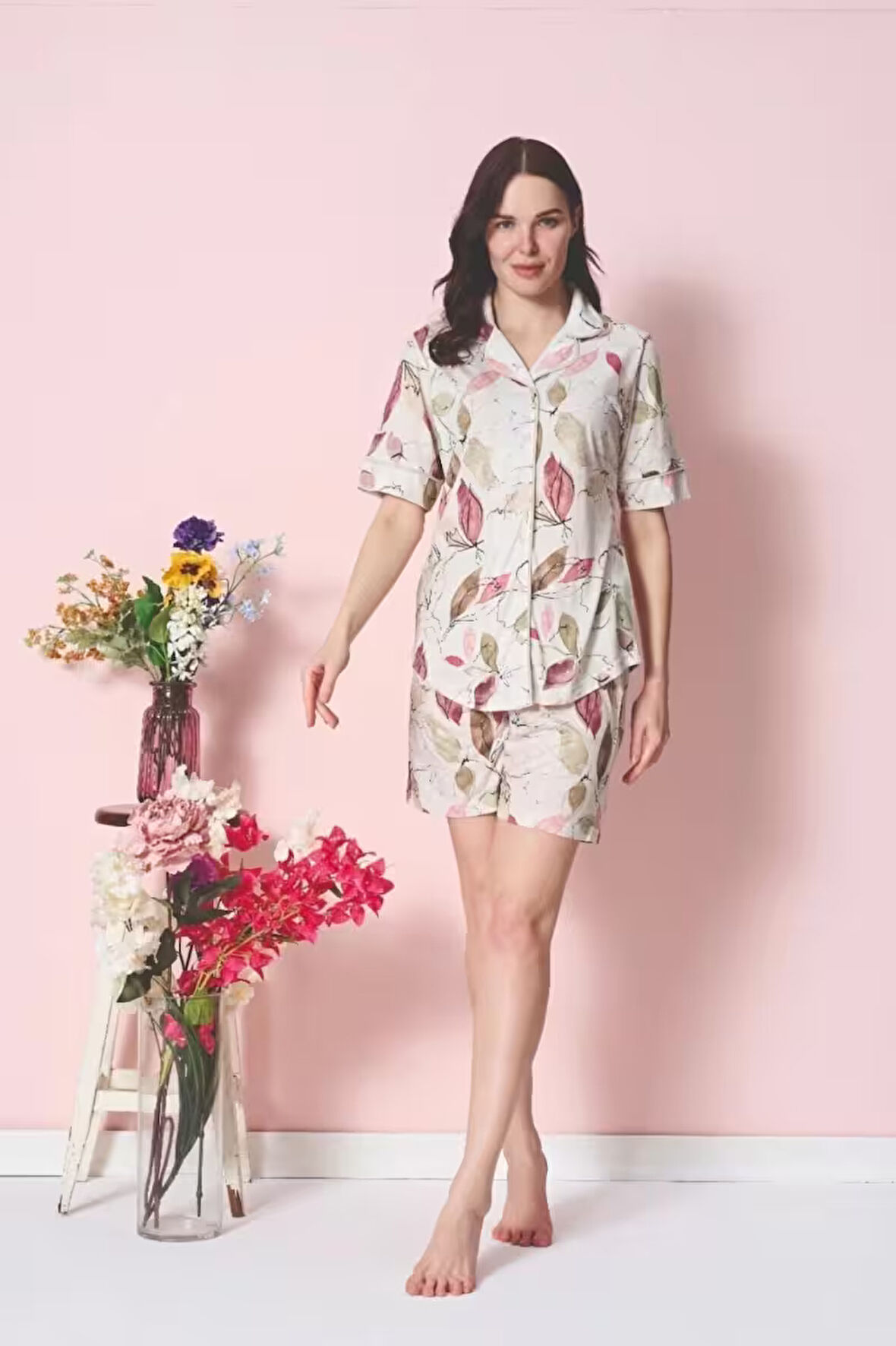  Kadın Şortlu Pijama Takımı Düğmeli Pamuklu Penye