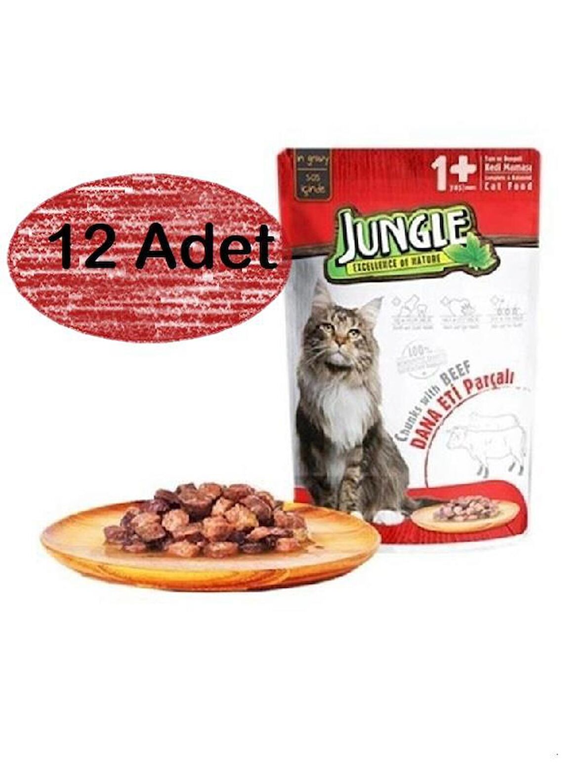 Jungle 12 Adet Pouch Sığır Eti Parçalı Soslu Yetişkin Kedi Konservesi 100gr