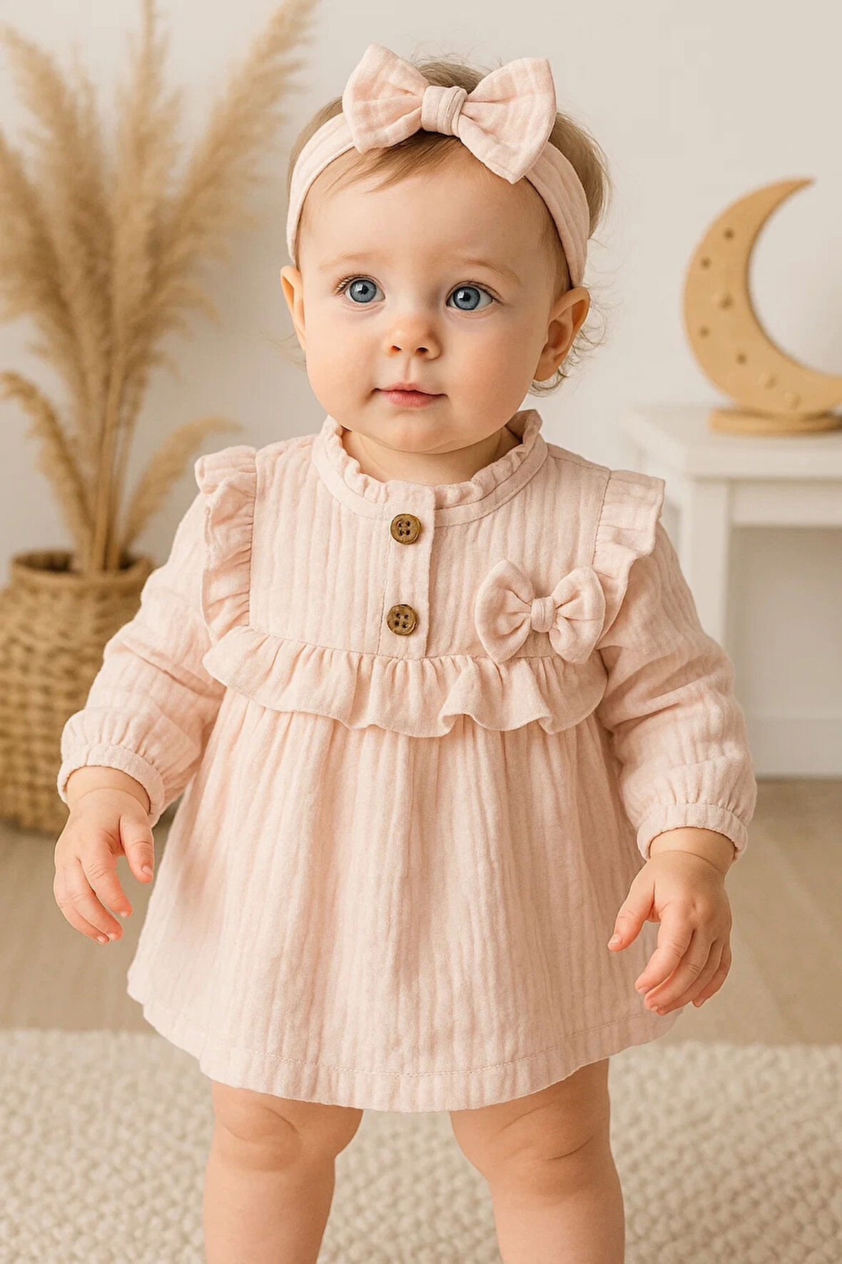 Fırfırlı Bandalı Elbise Kız Bebek Elbise