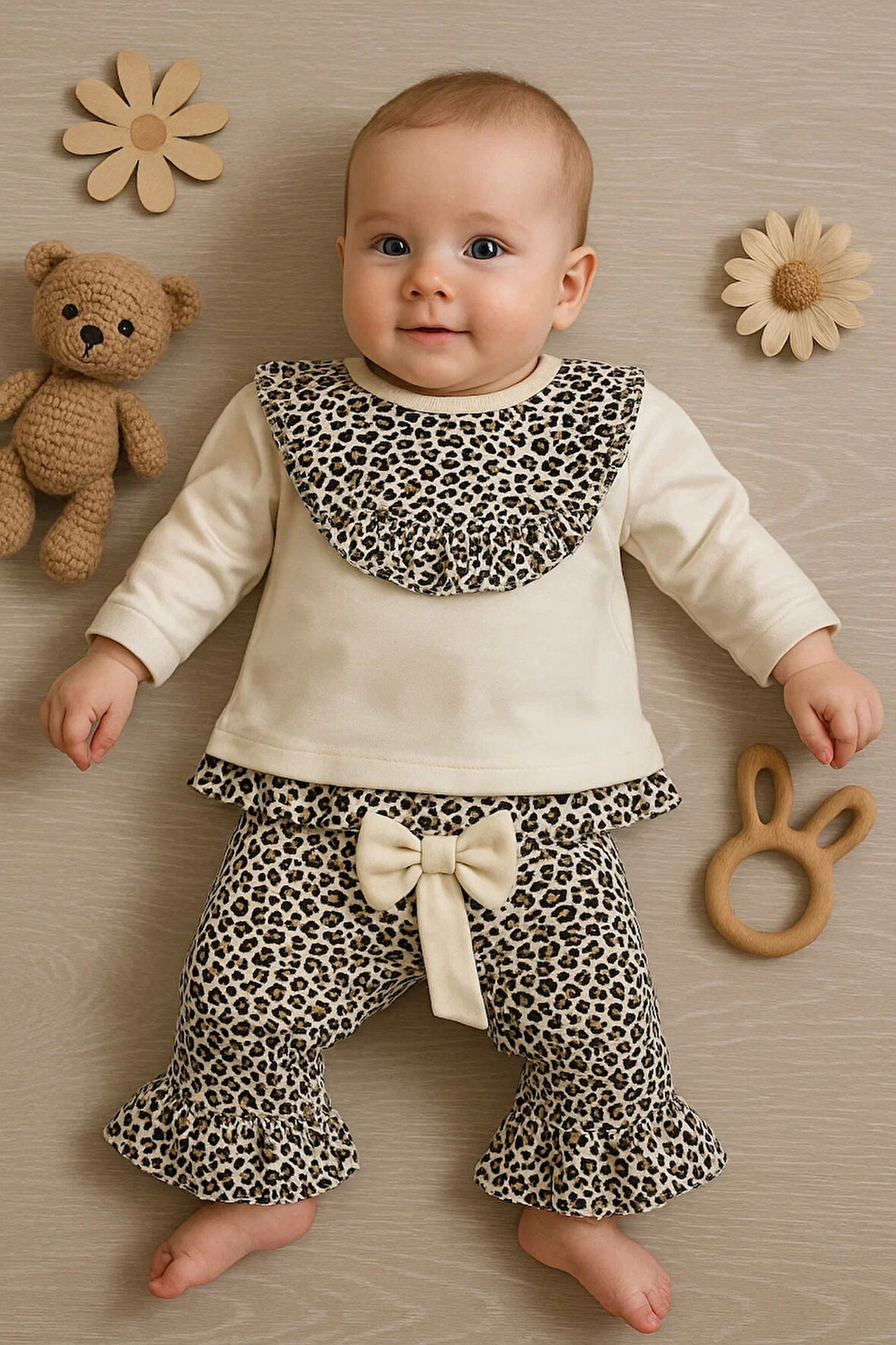 Leopar Detaylı 2'li Kız Bebek Takım %100 Pamuk