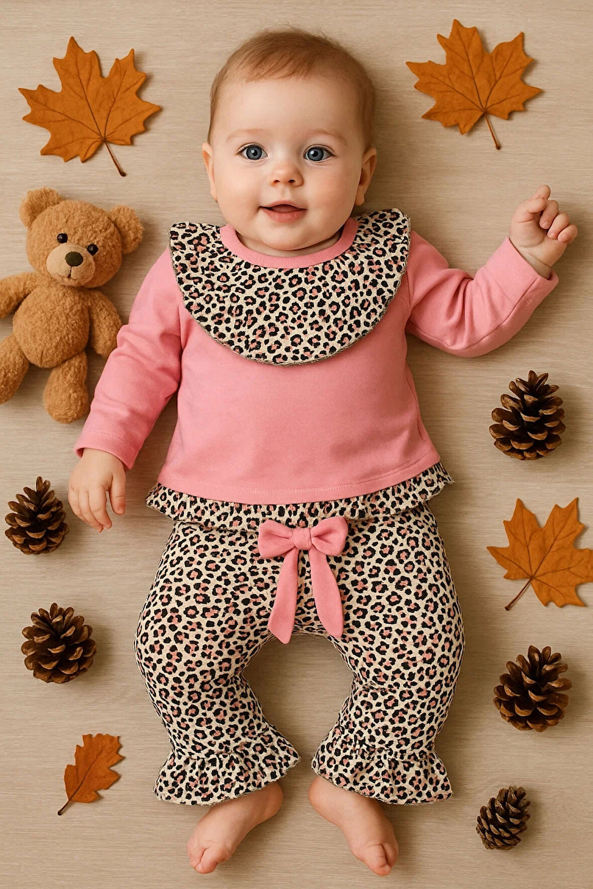 Leopar Detaylı 2'li Kız Bebek Takım %100 Pamuk