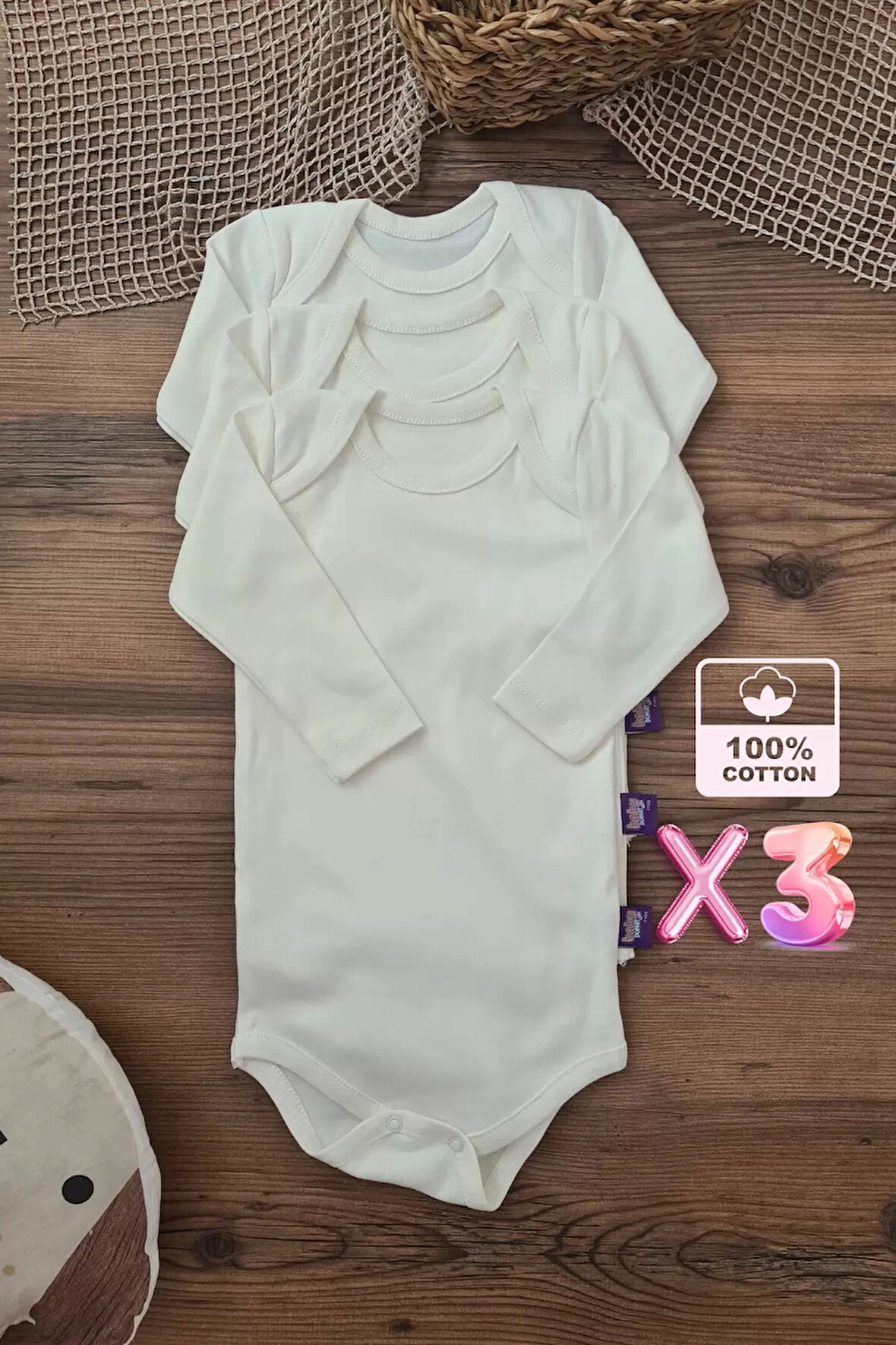 Unisex % 100 Pamuk Uzun Kol 3 Adet Bebek Ve Çocuk Body