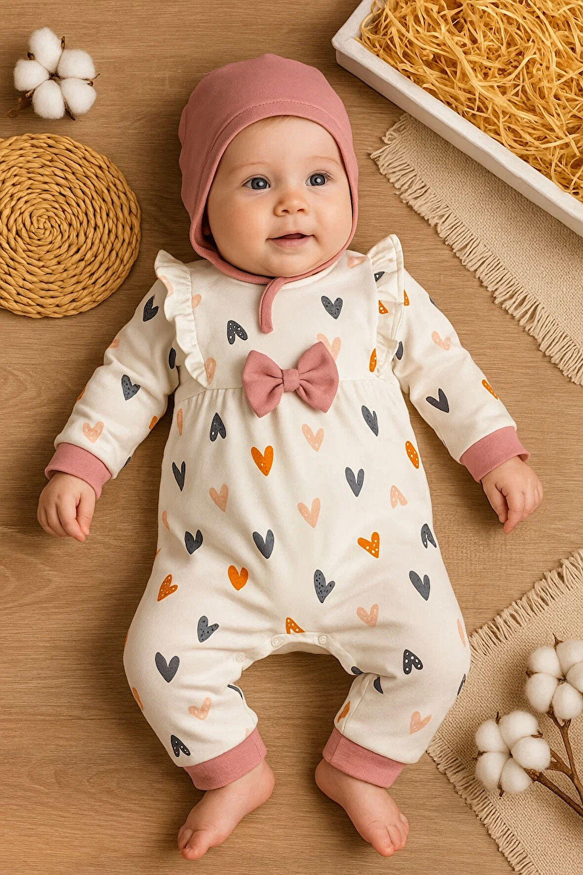 Kalp Desenli % 100 Pamuk Kız Bebek Tulumu