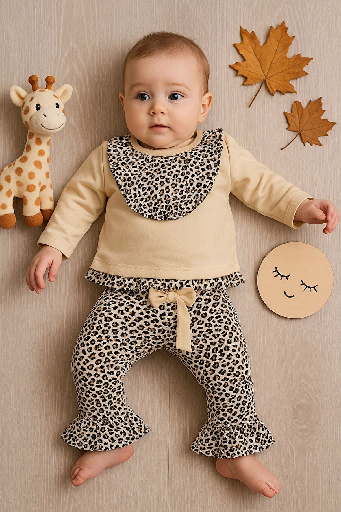 Leopar Detaylı 2'li Kız Bebek Takım %100 Pamuk