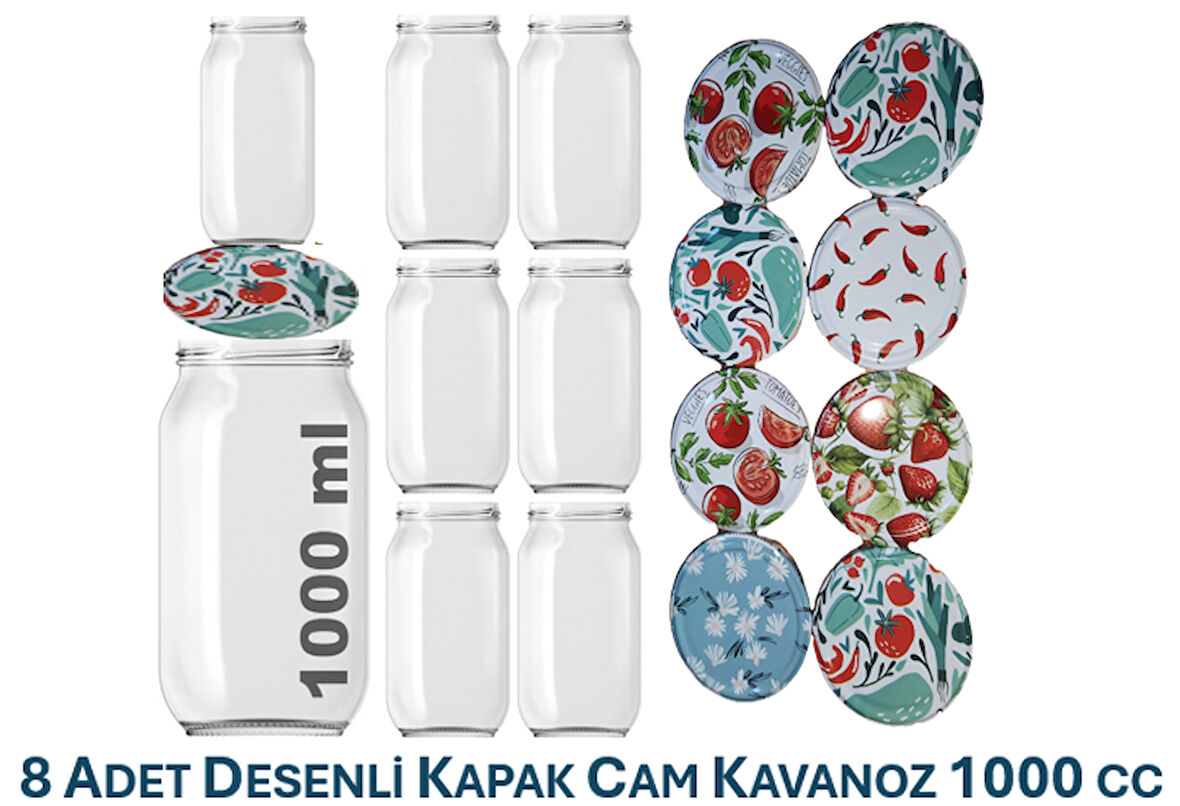 8 ADET DESENLİ KAPAK  PAŞABAHÇE CAM KAVANOZ 1000 CC