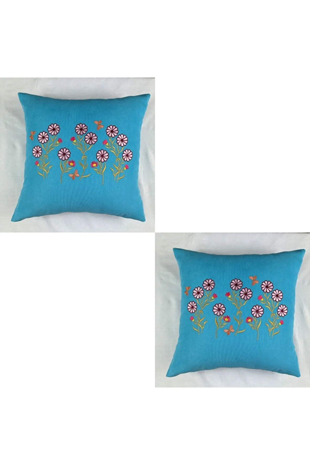 Çiçek Desenli Nakışlı Kırlent Kılıfı Fermuarlı 40x40 2'li