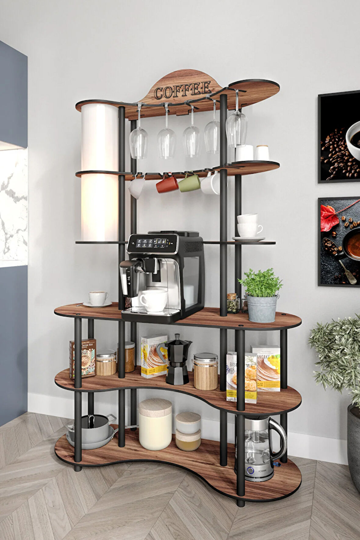 BREW-BLISS MUTLU KAHVE KÖŞESİ-ÇOK AMAÇLI MUTFAK RAFI MADRAN CEVİZ-LAMBADER AYDINLATMALI