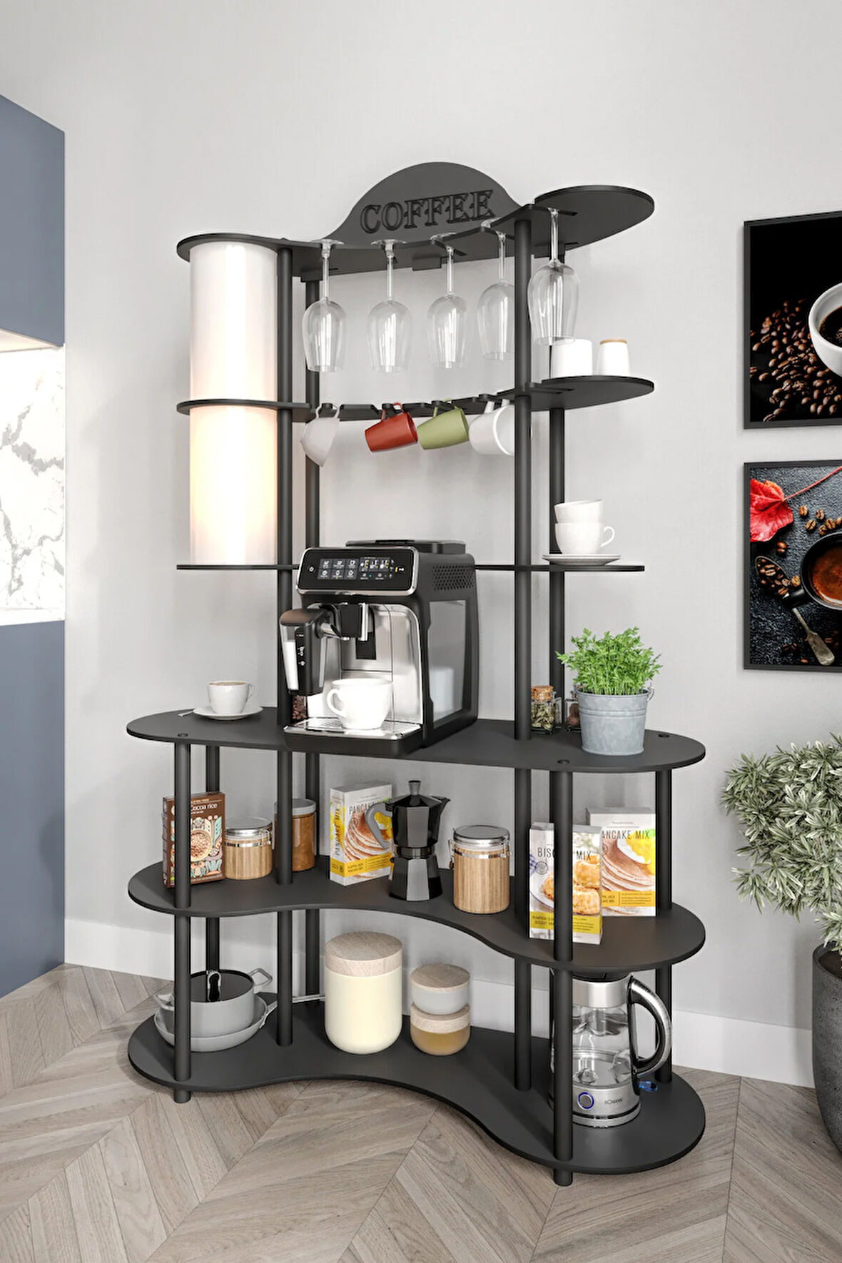 BREW-BLISS MUTLU KAHVE KÖŞESİ-ÇOK AMAÇLI MUTFAK RAFI SİYAH-LAMBADER AYDINLATMALI